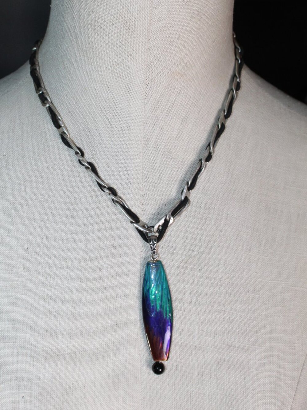 Chico's 20" Silver-tone Woven w Black Cord Necklace with Iridescent Drop Pendant